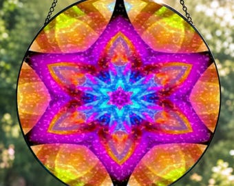 Glass Mandala Art Suncatcher, Sacred Geometry Artwork,  Stained Glass Inspired Window Decor