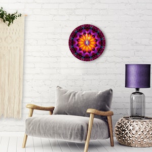 Mandala Designer Wood Art Clock, Artsy Home Decor, Colorful Wall Clock Violet Flame Mandala image 2