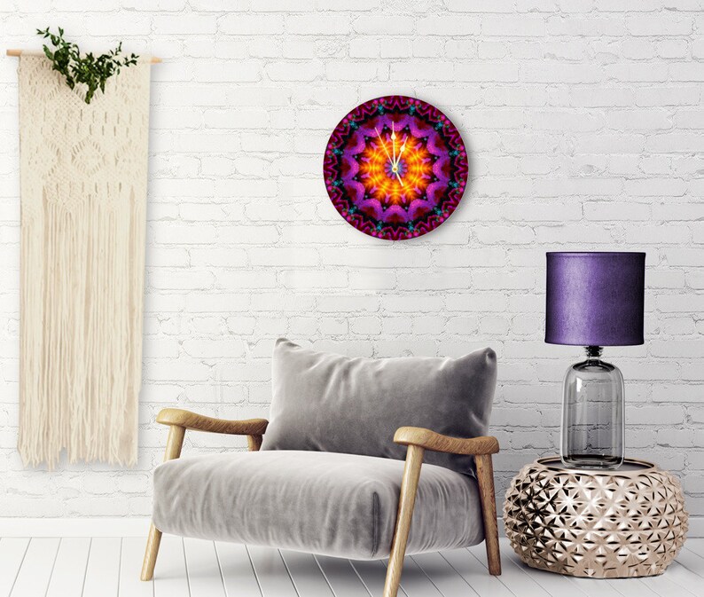 Mandala Designer Wood Art Clock, Artsy Home Decor, Colorful Wall Clock Violet Flame Mandala image 2