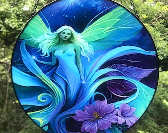 Glass Fairy Art Suncatcher, Blue Fantasy Garden Window Decor, Meaningful Gift