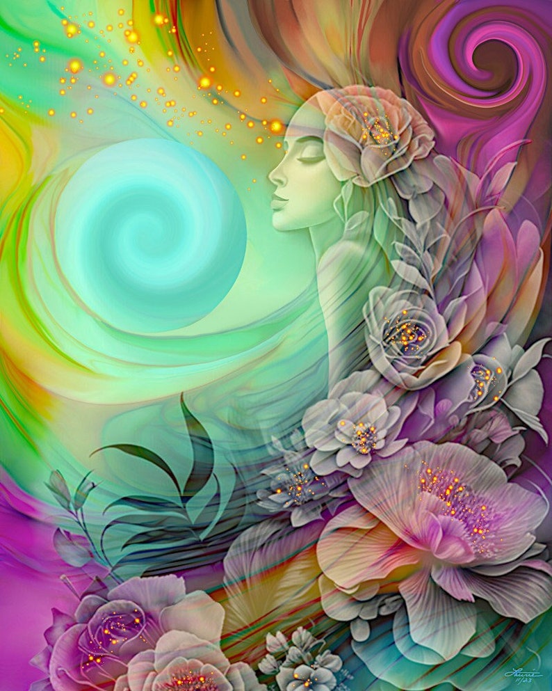 Rainbow Flowers Goddess Art Print with Swirls by Primal Painter