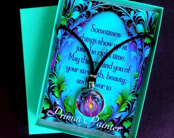 Violet Flame Necklace Gift Set, Wearable Art Pendant, Matching Greeting Card, Gift Box