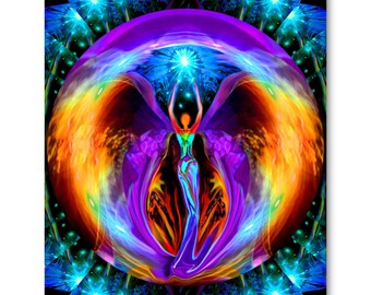 Chakra Angel Art Print: Rainbow Reiki Energy, Visionary Decor by Primal Painter