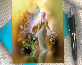 Fairy Greeting Card: Autumn Reflection Fantasy Art Notecard by Primal Painter