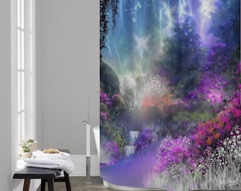 Waterproof Shower Curtain Featuring Fantasy Landscape Art by Primal Painter called "The Fairy Realm"