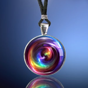 colorful round necklace featuring rainbow swirl chakra art sealed under glass