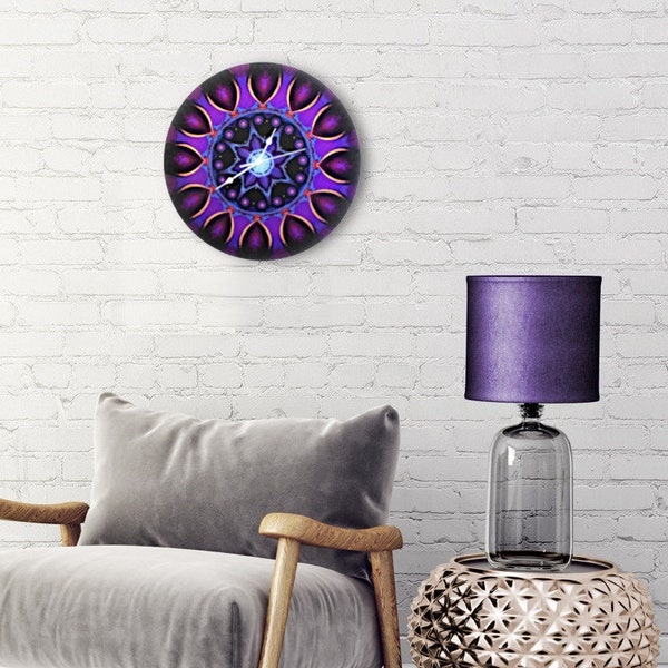 Large Round Wooden Clock, Functional Wall Decor, Purple Mandala Art by Primal Painter - "Fuchsia Swirl"