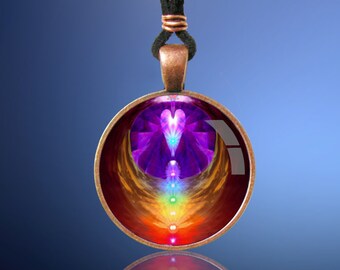 Chakra Jewelry, Rainbow Angel Wings Necklace, Reiki Energy Pendant "Chakra Heart"