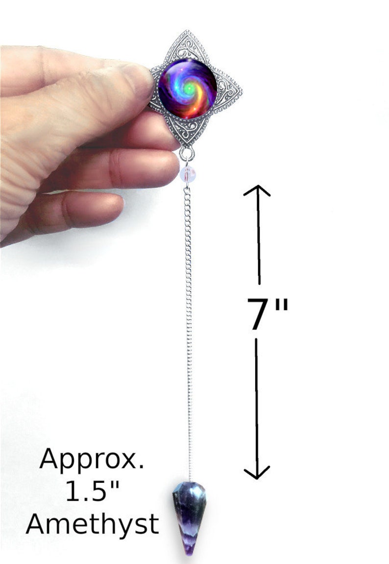 Amethyst Crystal Pendulum with Metaphysical Chakra Art Pendant by Primal Painter called Chakra Swirl image 4