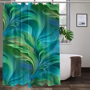 Vivid blue and green abstract art shower curtain with flowing underwater foliage by Primal Painter