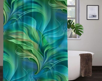 Green Abstract Art Shower Curtain, Underwater with Foliage, Unique Bathroom Decor - Under the Sea