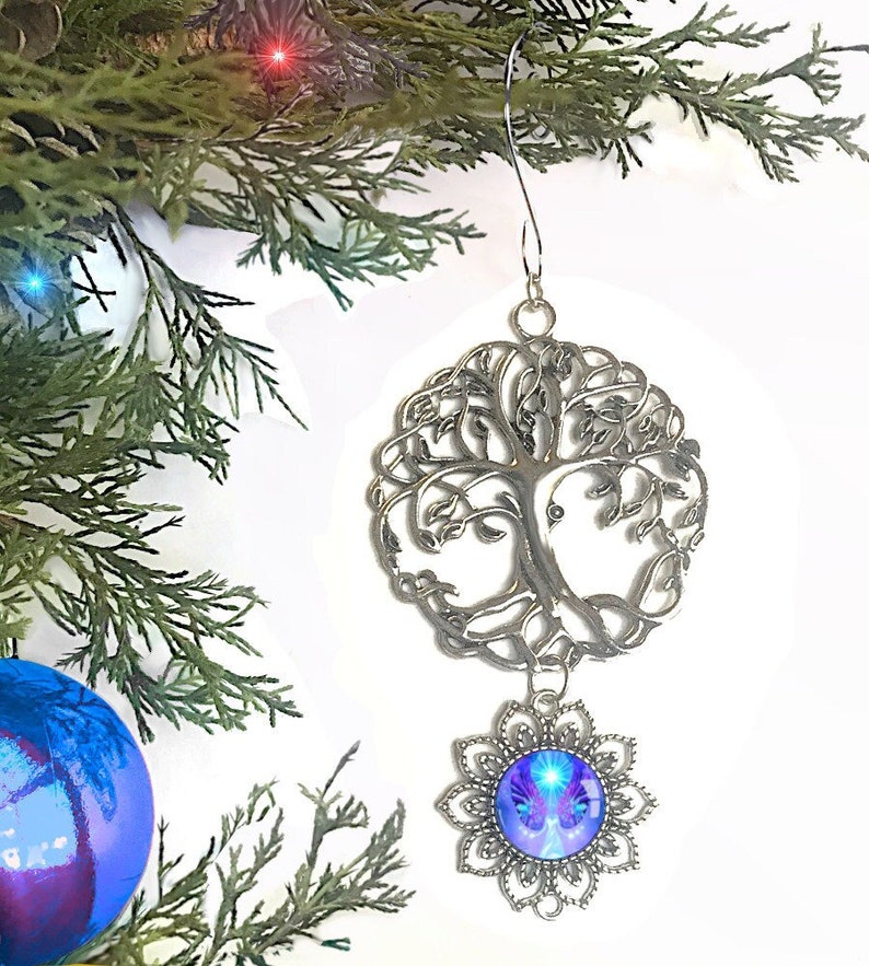 Pewter tree of life ornament with a flower shaped pendant featuring a violet angel art print by Primal Painter