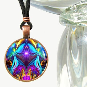 round twin flames necklace featuring  a psychedelic art print of two angels hand in hand sitting on a violet flame heart