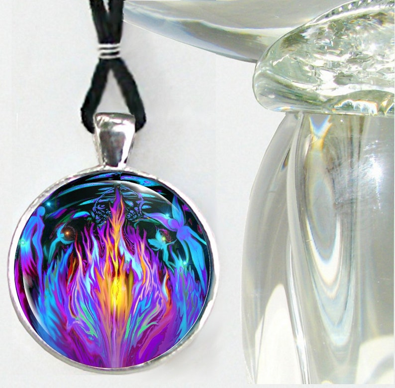 round antique copper necklace featuring a violet flame surrounded by fairies art print and sealed under a glass dome.