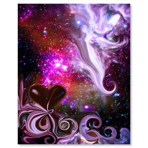 May include: A vibrant, digitally created artwork featuring a cosmic scene with swirling nebulae in shades of purple, pink, and red. A heart-shaped form and a celestial figure are prominent, set against a backdrop of twinkling stars.