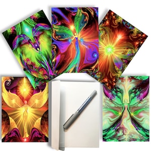 Colorful Art 5 x 7 Greeting Cards, Frameable Angel Notecards, Set of 5 with Envelopes, Pearl Finish image 1