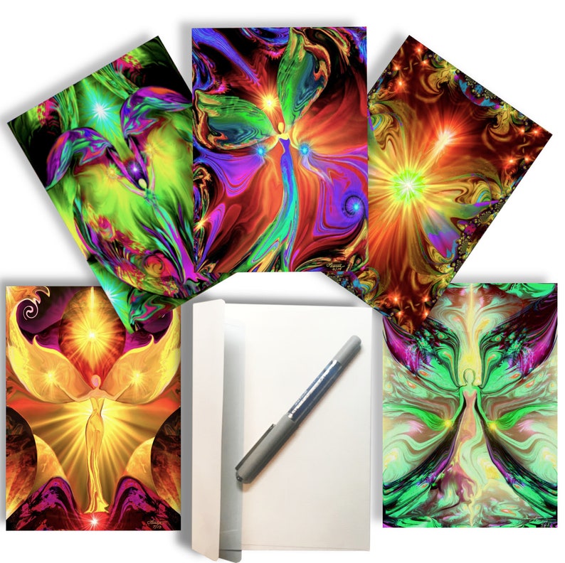 Colorful Art 5 x 7 Greeting Cards, Frameable Angel Notecards, Set of 5 with Envelopes, Pearl Finish image 1