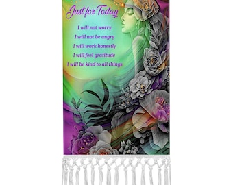 Reiki Principles Fringed Canvas Wall Hanging, Inspirational Gift with Positive Affirmations and Rainbow Flower Artwork