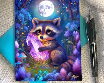 Sweet Raccoon Greeting Card, Crystal Lover, Fantasy Art Notecard