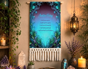 Just For Today - Inspirational Fringed Canvas Wall Hanging, Reiki Gift, Blue Artwork Boho Decor