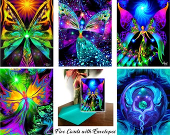 Set of 5 Angel Art Greeting Cards, Psychedelic Notecards, Thank You Notes, Metaphysical Art by Primal Painter