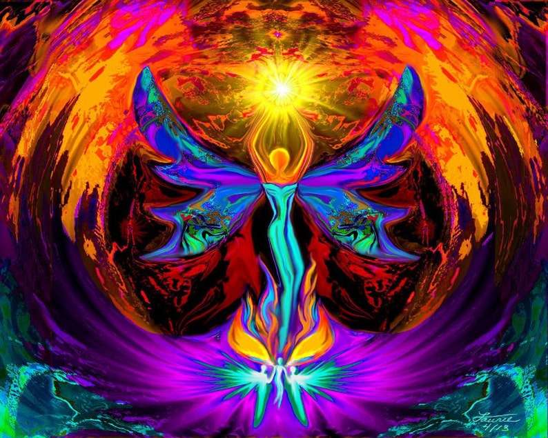 Reiki Angel Art, Spiritual Energy Art Print, Uplifting Rainbow Decor Phoenix Rising image 1