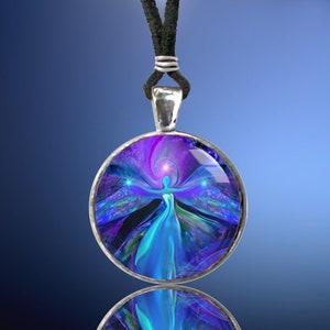 round purple and blue angel necklace featuring original fairy art print with outstretched arms and sealed under glass