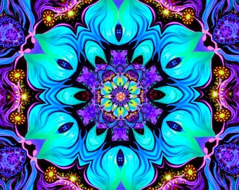 Flower Mandala Energy Art Print, Blue Sacred Geometry Metaphysical Wall Decor - "Flowering Lotus"