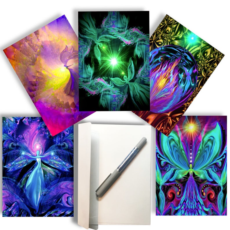 5 x 7 Colorful Angel Art Notecards, Set of 5 with Envelopes, Luxury Pearl Paper Greeting Cards, Frameable Art Cards image 1