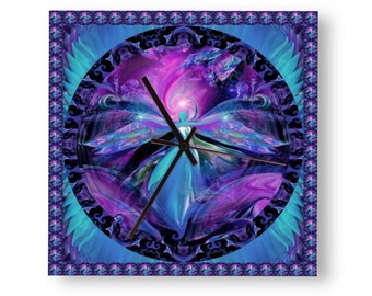 Purple Angel Square Wood Art Clock, Artsy Home Decor, Third Eye Chakra Wall Clock - "The Seer"