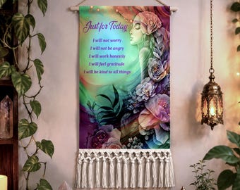 Reiki Principles Fringed Canvas Wall Hanging, Inspirational Gift and Rainbow Flower Artwork