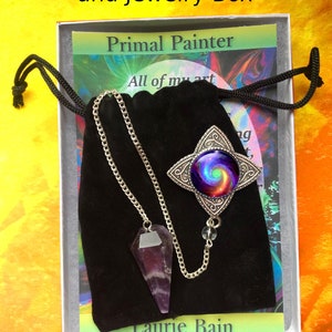 Amethyst Crystal Pendulum with Metaphysical Chakra Art Pendant by Primal Painter called Chakra Swirl image 5