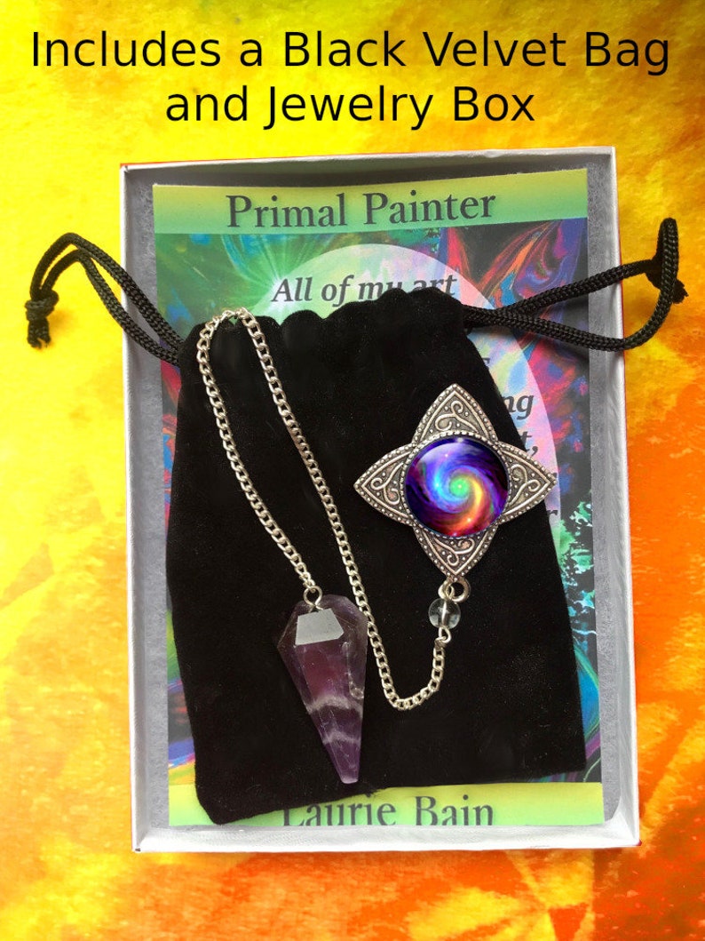 Amethyst Crystal Pendulum with Metaphysical Chakra Art Pendant by Primal Painter called Chakra Swirl image 5