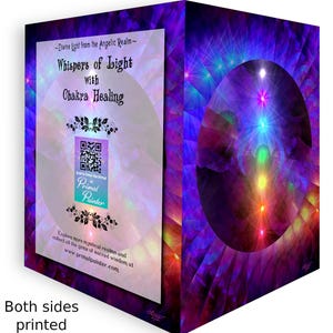 May include: A rectangular object with two printed sides featuring vibrant purple and blue abstract patterns. One side displays text reading Whispers of Light with Chakra Healing, a QR code, and the URL www.primalpainter.com. The other side shows a dark circular portal with seven glowing, multi-colored light points arranged vertically.