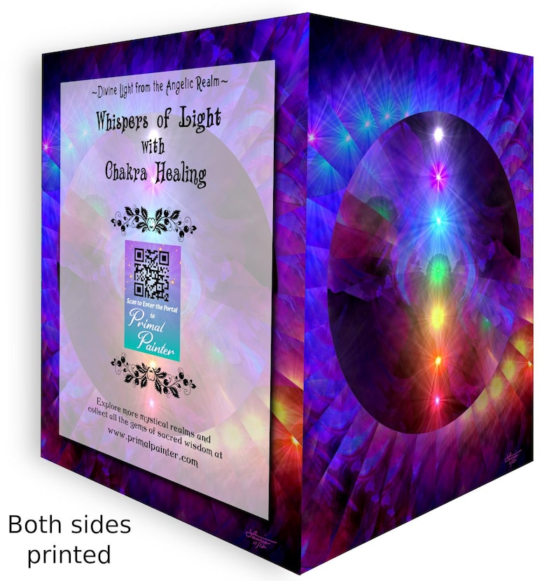 May include: A rectangular object with two printed sides featuring vibrant purple and blue abstract patterns. One side displays text reading Whispers of Light with Chakra Healing, a QR code, and the URL www.primalpainter.com. The other side shows a dark circular portal with seven glowing, multi-colored light points arranged vertically.