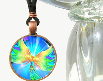 Fairy Necklace, Butterfly Angel Pendant, Pastel Blue Yellow Jewelry by Primal Painter - "Ease"