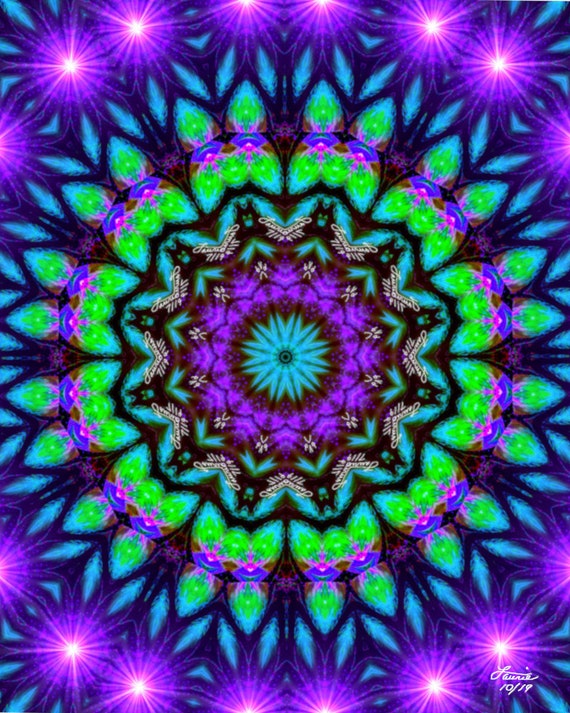 Green and Purple Mandala, Visionary Energy Art, Sacred Geometry