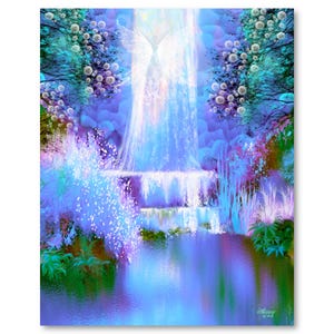 Könnte beinhalten: Ein digitales Gemälde eines Wasserfalls mit einer weißen, leuchtenden Engelsfigur in der Mitte. Der Wasserfall ist von Bäumen und Blasen umgeben, und das Wasser hat eine leuchtende blaue Farbe.