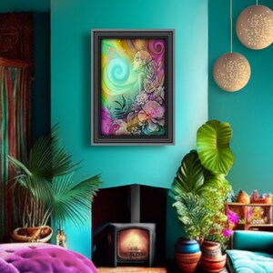 Rainbow Goddess Art Print, Hippie Psychedelic Artwork with Symbolism Flower Child image 5