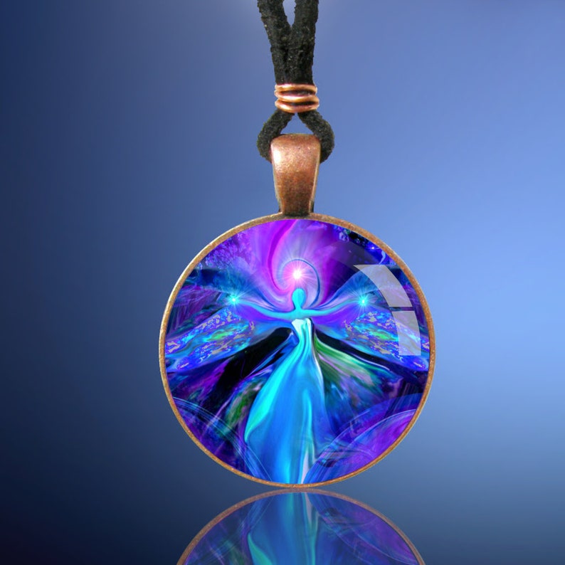 round purple and blue angel necklace featuring original fairy art print with outstretched arms and sealed under glass