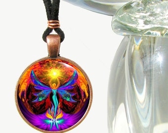 Fairy Necklace, Colorful Pendant, Spiritual Meaning, Metaphysical Art by Primal Painter - "Phoenix Rising"