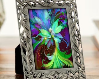 Framed Fairy Art Print - Mini Fantasy Wall Decor, Lyrica Nightingale ACEO, Art Deco Pewter Frame, Gothic Witchy Gift