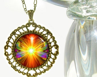 Orange Psychedelic Necklace, Chakra Jewelry, Reiki Attuned Art by Primal Painter - "Light Being"