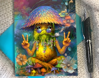 Psychedelic Mushroom Greeting Card – Funny Hippie Art, Whimsical Fungi Gift