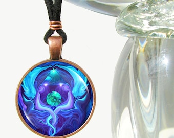 Twin Flames Necklace, Original Angel Art Jewelry, Blue Pendant - "Healing Circle"