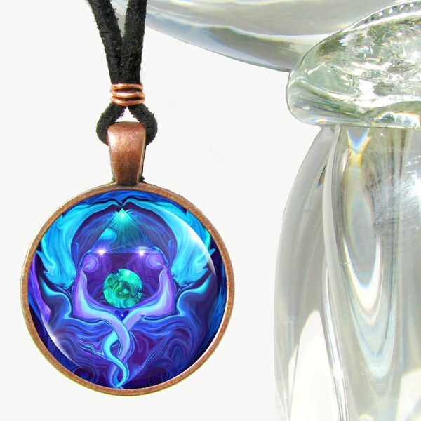 Twin Flames Necklace, Original Angel Art Jewelry, Blue Pendant - "Healing Circle"