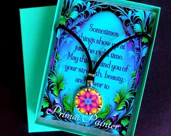 Mandala Necklace Gift Set, Wearable Art Pendant, Matching Greeting Card, Gift Box