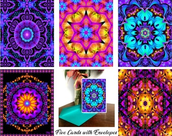 Set of 5 Mandala Art Greeting Cards, Uplifting Sacred Geometry Notecards, Inspirational Thank You Notes