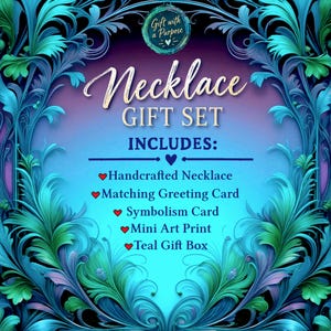 May include: A teal and purple graphic display for a necklace gift set. The text reads: Gift with a Purpose, Necklace GIFT SET, INCLUDES: Handcrafted Necklace, Matching Greeting Card, Symbolism Card, Mini Art Print, and Teal Gift Box.