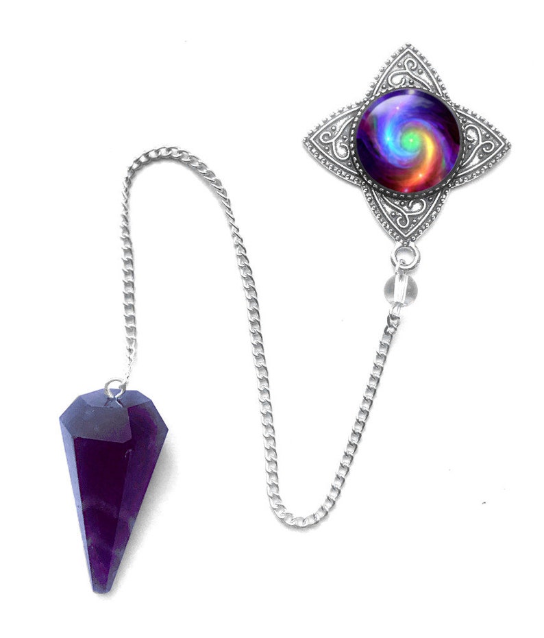 Amethyst Crystal Pendulum with Metaphysical Chakra Art Pendant by Primal Painter called Chakra Swirl image 2